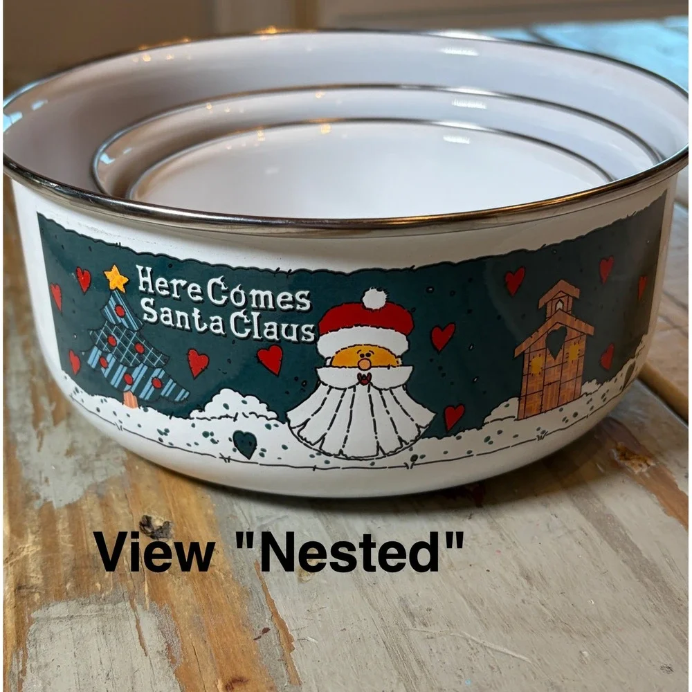 Vintage Christmas Enamelware Nesting Bowls Sets of 3 Santa Bear Holiday Kitchen